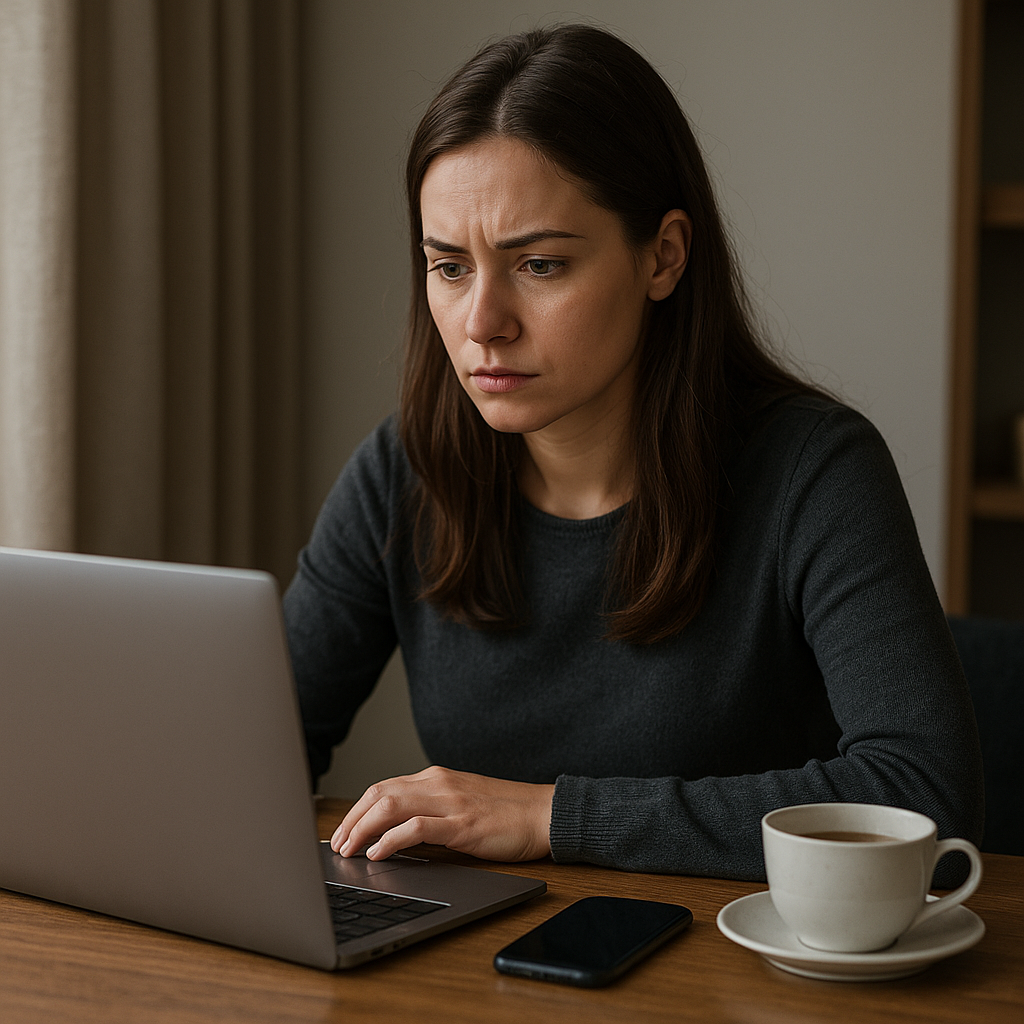 Young woman looking concerned at laptop while seeking online privacy help